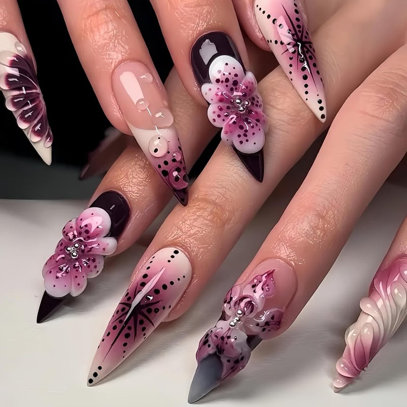 SEENEEY Long Press on Nails Almond Fake Nails Purple French Artificial Nail with 3D Flowers Designs Glitter Summer and Fall Cute Stick on Nail for Women 24pcs - Image 1